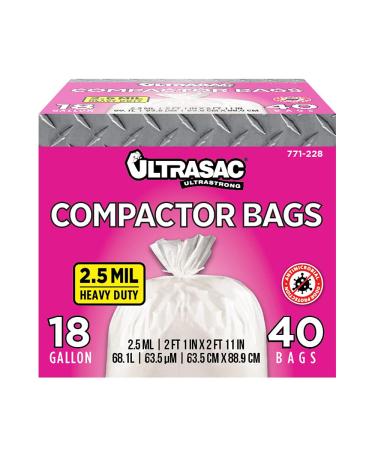 Ultrasac Compactor Bags - (40 Pack with Ties) 18 Gallon for 15 inch Compactors - 25" x 35" Heavy Duty 2.5 MIL Garbage Disposal Bags Compatible with Kitchenaid Kenmore Whirlpool GE Gladiator