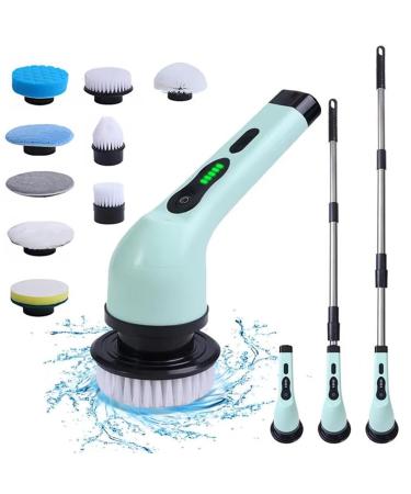 Electric Spin Scrubber Cordless Electric Cleaning Brush with Extension Handle 9 Replaceable Brush Heads 1.5H Working Time 2 Speed Power Scrubbing Brush for Floor Tile Kitchen Car Wash Teal