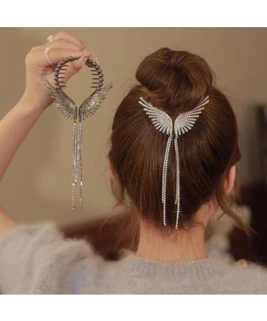 2 Pcs Angel's Wings Ponytail Buckle Hair Clips Buckle Water Drill Tassel Pendant Hair Pins Fashion Temperament Headwear Accessories Angel Wings