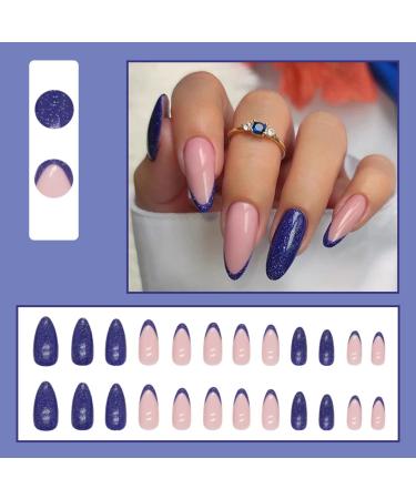 Justotry 24 Pcs Glitter Almond Navy Blue French False Nails - Medium Stiletto Stick on Nails with Nail Glue for Women - Nail Art Fake Nails - Buy Online on GoSupps.com