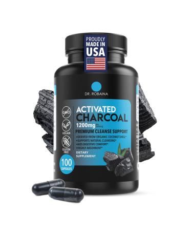 Dr. Robaina Activated Charcoal Capsules 1200 mg Coconut-Shell Carbon for Gas & Bloating Relief Digestive Comfort & Next-Morning Support Vegan Non-GMO 100 Count USA Made 1 Unit