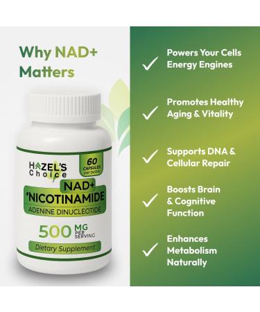 HAZEL'S Choice NAD+ Nicotinamide Adenine Dinucleotide Supplement 500mg 60 Capsules Supports Cellular Energy & Metabolic Function - Buy Online on GoSupps.com
