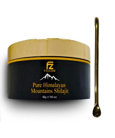 FOUZEE Pure Himalayan Mountains Shilajit - Authentic Hard Consistency Natural Source of Fulvic Acid Over 85 Trace Minerals Includes Stainless Steel Spoon (50 Grams) 1.76 Count (Pack of 1)