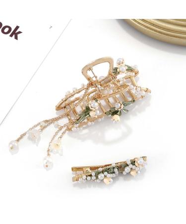 Buy Bohend Flower Leaf Hair Clamp with Pearls - Strong Big Hair Clips for Women & Girls | Wedding Macrame Head Accessories - Buy Online on GoSupps.com