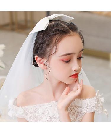 IYOU Communion Headpiece with Veil White Bowknot Hair Clips Flower Girl Birthday Wedding Hair Accessories for Flower Girls - Buy Online on GoSupps.com