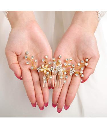 Elegant Gold Glossy Crystal Bridal Hair Crest - Flower & Pearl Hair Accessories for Weddings - Buy Online on GoSupps.com