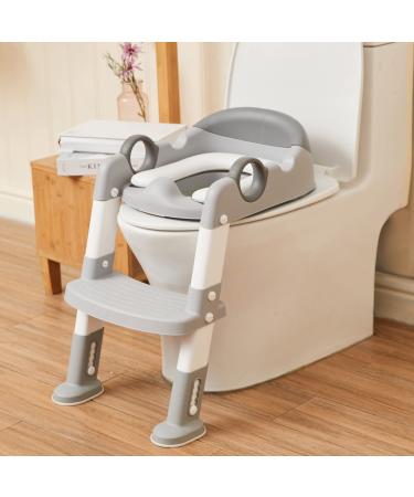 Potty Training Toilet Seat with Step Stool Ladder for Boys and Girls Baby Toddler Kid Children Toilet Training Seat Chair with Handles Padded Seat Non-Slip Wide Step(Gray)