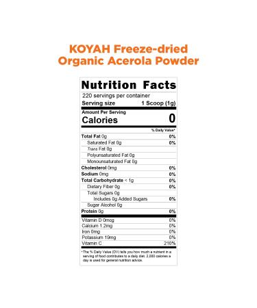 KOYAH Organic Acerola Cherry Powder - 220 Servings (200% Vitamin C) | Freeze-dried Whole-Cherry Powder - Buy Online on GoSupps.com