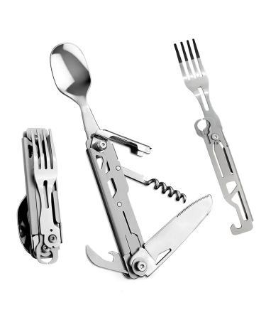 HONZIN Camping Utensil Set 5-in-1 Multi Functional Folding Flatware Set Pocket Utensil Set Portable Stainless Steel Knife Spoon Fork Bottle Opener Can Opener Combo Set with Carrying Bag(1 Pack)