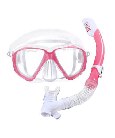 Kids Swim Goggles Scuba Diving Mask Youth No Leak Anti-Fog Swimming Goggles Nose Cover Clear Wide Vision Dive Mask Age 5-15 Pink, Snorkeling Set