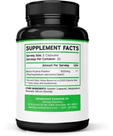 Muira Puama Root Extract 1000mg Capsules for Men and Women - 60 Count - Premium Quality - Gluten Free, Non-GMO, USA Made - Tested for Potency & Purity - Buy Online on GoSupps.com