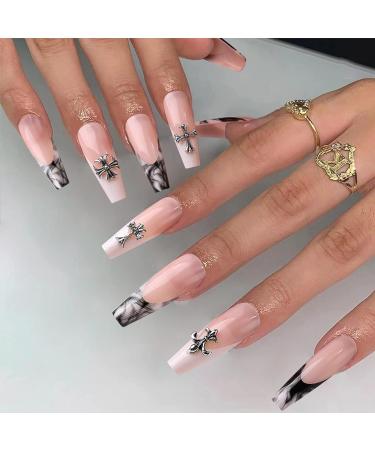 Kikmoya Extra Long Black Fake Nails Coffin White Press on Nails French Tips with Cross Design - Pink Cross | 24pcs Glossy False Nails for Women and Girls - Buy Online on GoSupps.com
