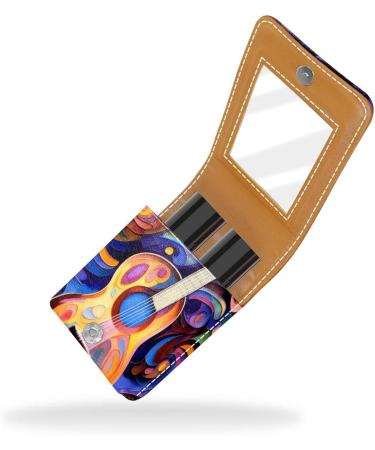 Leather Lipstick Case Organizer with Mirror | Mini Lip Gloss Holder Bag - Abstract Art Music Notes Guitar Design - Buy Online on GoSupps.com