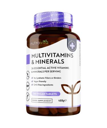 Multivitamins & Minerals - 365 Vegan Multivitamin Tablets - 1 Year Supply - Multivitamin Tablets for Men and Women with 26 Essential Active Vitamins & Minerals - Made in The UK by Nutravita