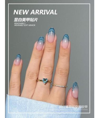 24Pcs/Set Press On Nails Mid Length Fake Nail with Blue Green Stripe Pattern False Nails Acrylic Fake Nails Full Cover Nails Tips Artificial Finger Manicure Press on nails for Women and Girls - Buy Online on GoSupps.com