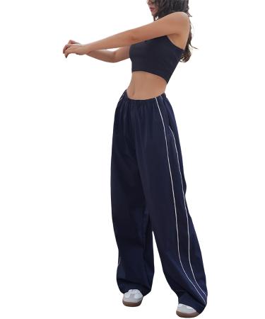 Watashi Women's Track Pants Baggy Y2K Wide Leg Elastic Waist Relaxed Loose Cargo Parachute Pants Streetwear Navy Small