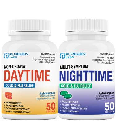 Puregen Labs Daytime and Nighttime Combo Pack Cold and Flu Relief Medicine | Powerful Multi-Symptom Daytime and Nighttime Relief for Headache Fever Sore Throat Cough Congestion and Aches