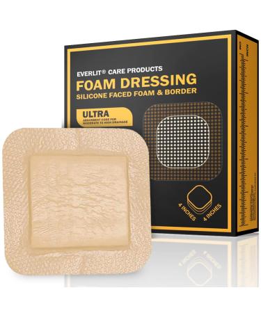 EVERLIT Silicone Foam Dressing with Gentle Adhesive Border [Pack of 10] | Sterile, Gentle, Highly Absorbent, Waterproof Bandage for Wound Care (4" x 4") 10 Count (Pack of 1)