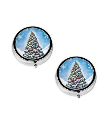 (Christmas Trees) Round Pill Box 3 Compartment Pill Box Mini Decorative Pocket Purse Portable Travel Medicine Tablet Vitamin Holder Organizer Pill Case