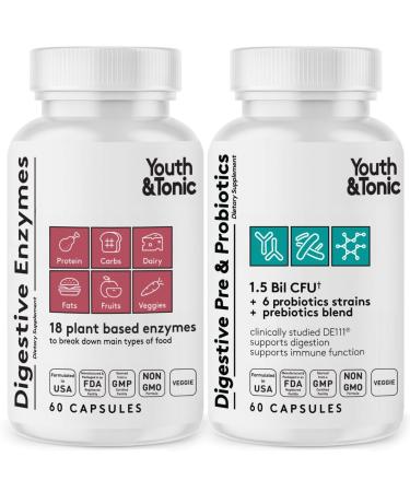 Youth & Tonic Digestive Supplement for Bloating Regularity & Gut Health. Full Spectrum Enzymes Probiotics & Prebiotics for Digestion to Break Down Food and to Use Daily for Women & Men 120 Pills