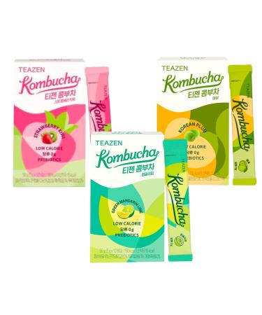 Teazen Kombucha Sugar Free Sparkling Fermented Powdered Mix Beverage from Korea Live Probiotics & Prebiotics Strawberry Kiwi (5g X 10) Korean Plum (5g X 10) Green Mandarin Lime (5g X 10)