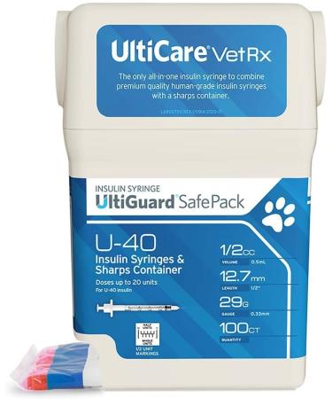 UltiCare VetRx U-40 UltiGuard Safe Pack Pet Insulin Syringes 1/2cc, 29G x 1/2", 100 ct (With 1/2 Unit Markings) 1/2 Unit UltiGuard Safe Pack