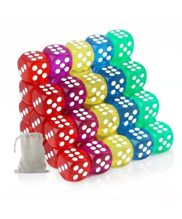 50 Pieces 6 Sided Dice Set, 14MM Premium Translucent Rounded Corners Colored Bulk Dice for Classroom Teaching, Board Games, Dices Game (with Pouch)