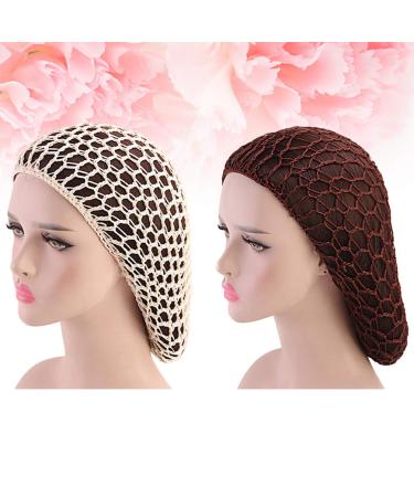 Minkissy 2 Pieces Sleeping Hair Nets - Crochet Long Hair Snood Turban for Women & Girls | Beige & Coffee - Buy Online on GoSupps.com