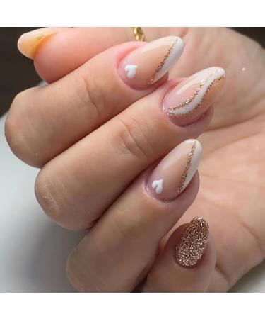 Pink Press on Nails Short Almond Fake Nails White Heart False Nails with Design Full Cover Glossy Acrylic Nails Gold Glitter Waves Artificial Nails Cute Heart Nails for Women and Girls Manicure 24Pcs C5