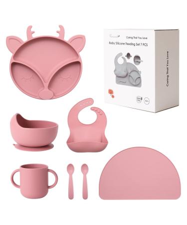 ROCCED Silicone Baby Feeding Set Baby Led Weaning Supplies Toddler Dish Set First Stage Solid Food Eating Utensil  Suction Plates with Spoons Baby Suction Bowls Bibs Cups Placemat- 6M+ Pale Mauve