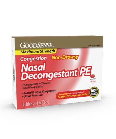 GoodSense Maximum Strength Nasal Decongestant PE Phenylephrine HCl 10 mg Sinus Congestion Relief Relieves Nasal Congestion Due to Hay Fever Common Cold and Upper Respiratory Allergies 36 Count Nasal Decongestant Phenylephrine HCl tablets