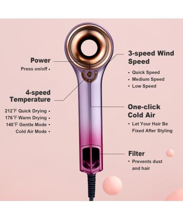 Ionic Hair Dryer with Diffuser for Curly Hair | 1500W Professional Negative Ions & Fast Drying | Gradient Pink Hair Dryer with Brushless Motor - Buy Online on GoSupps.com