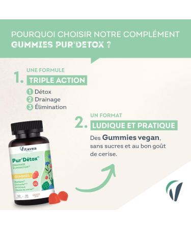 VITAVEA BIEN-ETRE Wellness - Pur'Detox Gummies - Triple Action: Detox Drainage and Elimination - Cherry Tail Chicory Burdock and Artichoke - Global Detox Action - 30 Gummies - Cherry Flavor - Buy Online on GoSupps.com