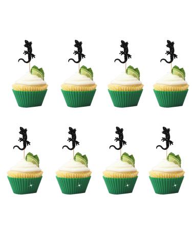 24Pcs Gecko Cupcake Toppers Black Glitter Gecko Cake Decor Reptile Animal Cake Decorations for Baby Shower Reptile Pet Themed Birthday/Gecko Themed Party Decoration