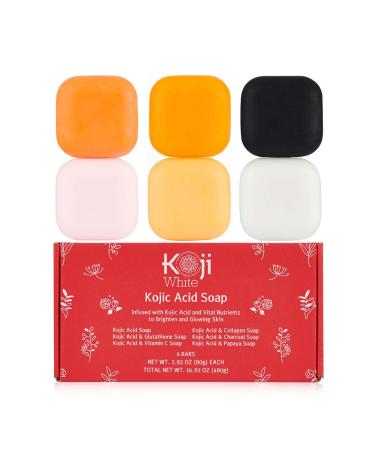 Koji White Kojic Acid Skin Brighten & Glowing Soap  Gift Set for Women with Papaya  Glutathione  Vitamin C  Collagen  Charcoal for Dark Sport  Hydrating Facial & Body  Not Tested on Animals  2.8 Oz (6 Bars)