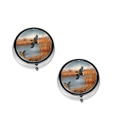 (Hunting Flying Wild Duck) Round Pill Box 3 Compartment Pill Box Mini Decorative Pocket Purse Portable Travel Medicine Tablet Vitamin Holder Organizer Pill Case