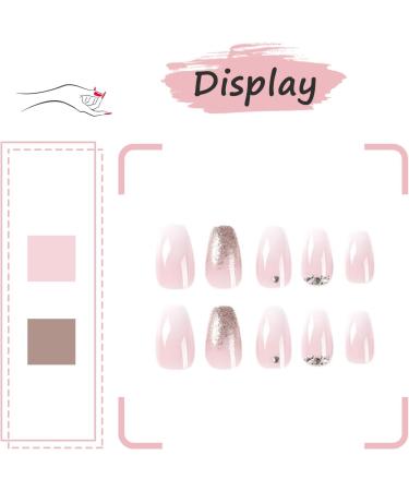 24Pcs Short Coffin French False Press On Nails with Rhinestones Gradient - Nude Pink Stick on Nails for Women - Removable Glue-on Acrylic Fake Nails - Buy Online on GoSupps.com