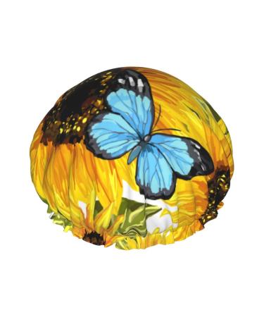 Sunflowers Blue Butterflies Shower Cap for Women Double Waterproof Layers Bathing Shower Hat Large Designed for all Hair One Size Sunflowers Blue Butterflies