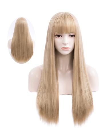 Netgo Blonde Wig with Bangs, Long Straight Ash Blonde Wig for Women, 27 Inch Heat Resistant Synthetic Womens Hair Wigs for Cosplay Party Halloween