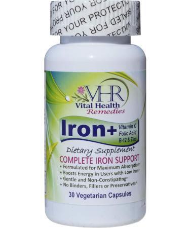 VHR Iron+ with Vitamin C FOLIC Acid B-12 & ZINC Preservative-Free Gentle and Non-constipating Boosts Energy Supports Red Blood Cell Formation Formulated for Maximum Absorption. 30 Veggie caps