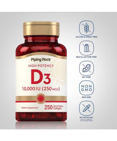 Piping Rock Vitamin D3 10000 IU | 250 mcg | 250 Softgels | High Potency | Non-GMO & Gluten Free Supplement - Buy Online on GoSupps.com