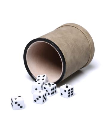 Leatherette Dice Cup and 6 White Dices Felt-Lined Quiet Shaker for Yahtzee/ Farkle/ Liars Dice Game
