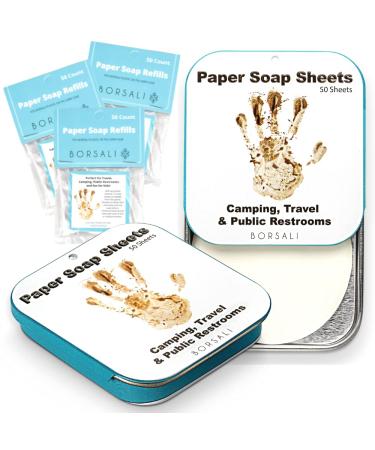Paper Soap Sheets by Borsali; Mini Portable Travel Size Dissolvable Soap Flakes; Dry Soap Sheets For Camping, Travel, Public Restrooms; 2 Cases with 50 Sheets Each and 3 Refills To Go; 250 Sheets