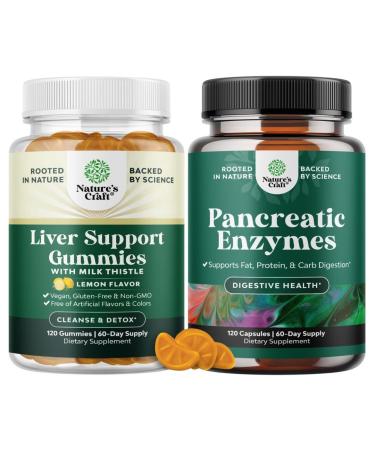 Bundle of Cleansing Herbal Liver Detox Gummies Milk Thistle with Artichoke Extract Turmeric Curcumin & L-Carnitine and Pancreatin Digestive Enzymes for Digestive - Protease Amylase & Lipase Digestion