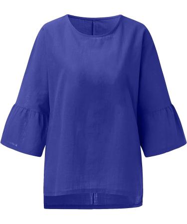 Dark Blue Oversized Cotton Linen Summer Shirt for Women | Half Sleeve | Crewneck Tunic Top | Loose Fit - Buy Online on GoSupps.com