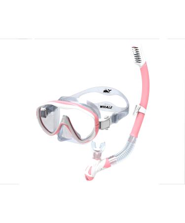 Whale Snorkel Set for Kids, Anti-Fog Tempered Glass Snorkel Mask for Snorkeling, Swimming and Scuba Diving for Boys Girls, Anti Leak Dry Top Snorkel Gear Panoramic Silicone Goggle No Leak PINK