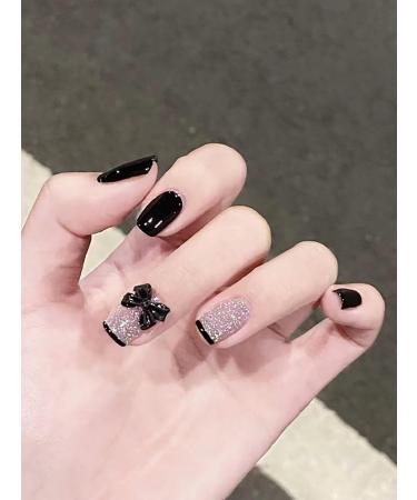 24pcs Black Glitter Bow Coffin Fake Nail Bow 3D Press on Nails Black Glitter Short Square Nails Luxurious Nails Acrylic Nails Fake Nails For Women Girls