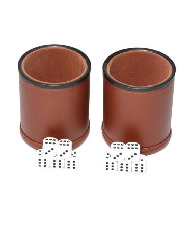 RERIVER Leather Dice Cup Set Felt Lining Quiet Shaker with 5 Dot Dices for Farkle Yahtzee Games, 2 Pack (Brown) Darkbrown