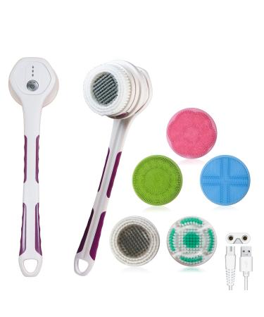 A2k Twenty Electric Bath Back  Face  Body & Feet Brush 5 Removable Silicone & Soft Bristle Brush Heads  Detachable for Face  USB Rechargeable  Purple  White