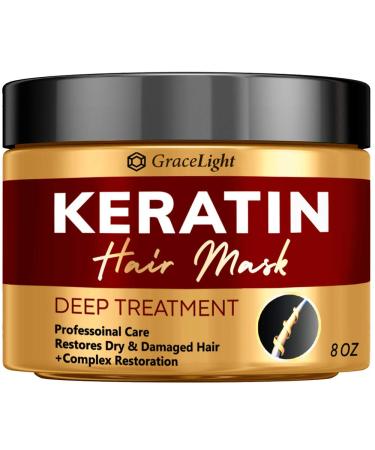 GRACELIGHT Keratin Hair Mask - Moisturizing Anti Frizz Hair Mask - Effective Keratin Complex with Vitamin E - Aloe Vera - Avocado Oil - Made in USA - Keratin Hair Mask Deep Conditioner